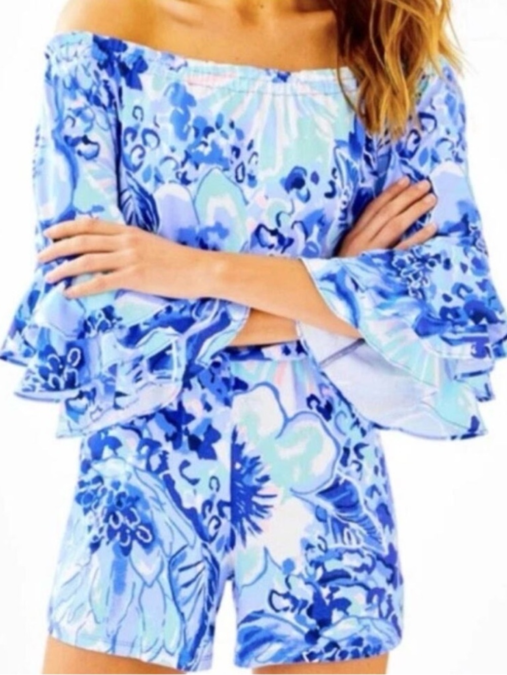 LILLY PULITZER Calla Off Shoulder Romper Catch N Keep Coastal Blue XXS GUC